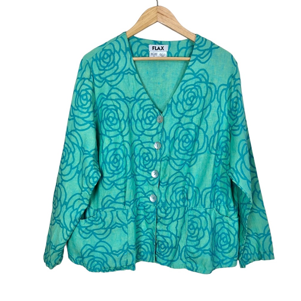Flax Rose Print Teal Linen Blazer Size XL